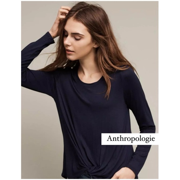 New Anthropologie Agency Twist Front Long Sleeve Top by On the Road Navy XSP NWT - Picture 1 of 8